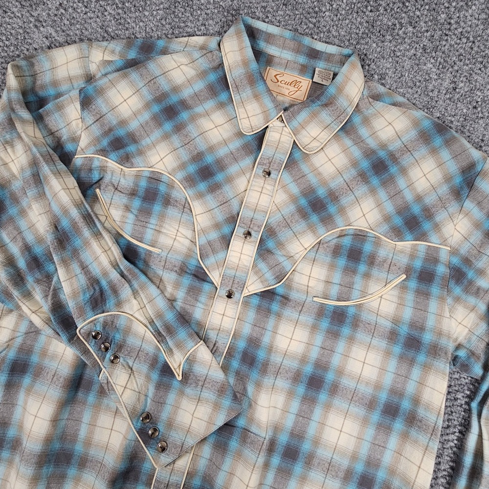 Scully Western Plaid Long Sleeve Snap Button Shirt Men's Large Blue Gray‎ Cream